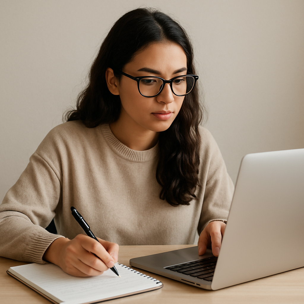 Happy person learning with laptop