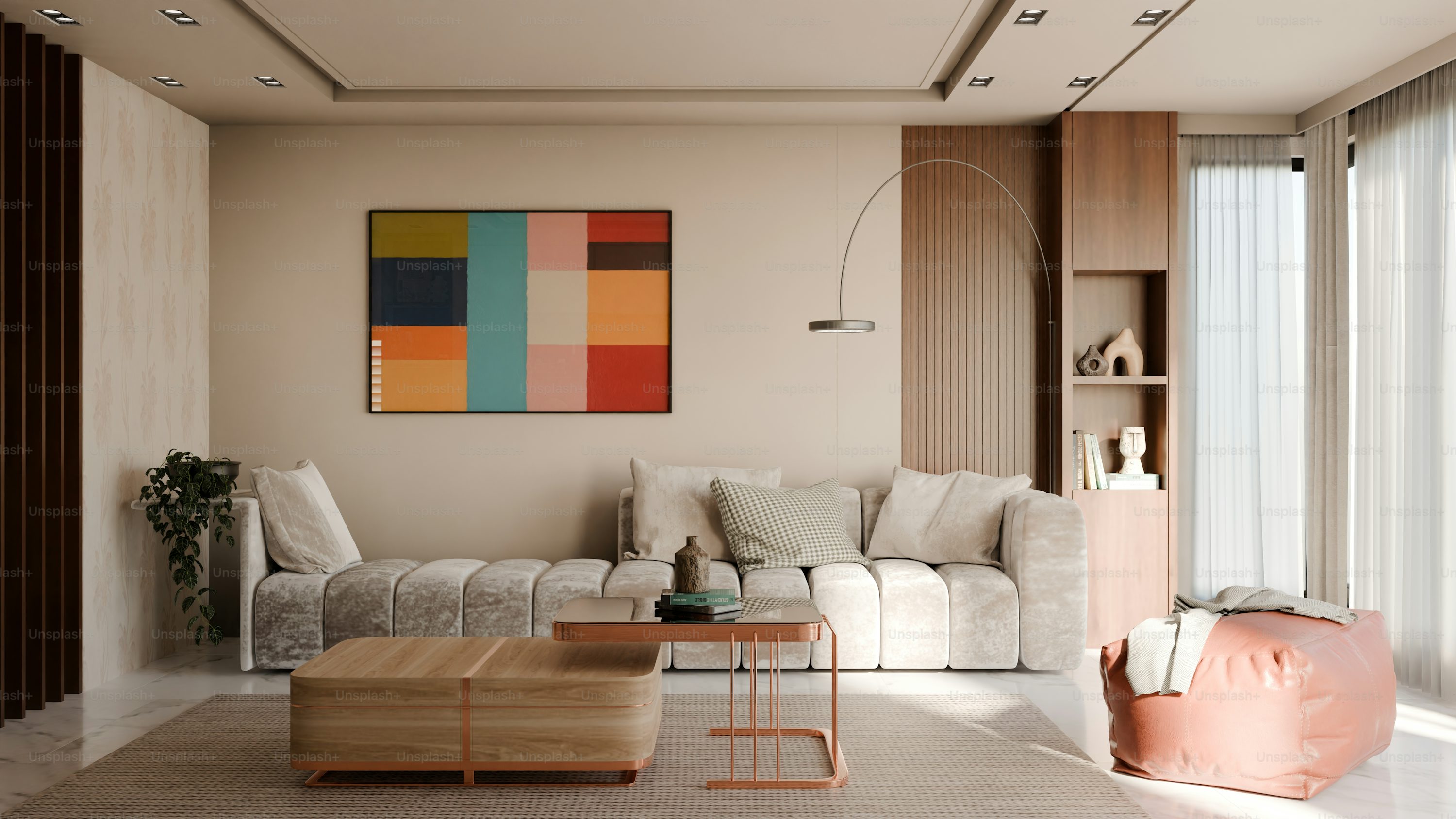 Stijlvolle moderne woonkamer met perfect afgewerkte wanden - professioneel binnen schilderwerk resultaat