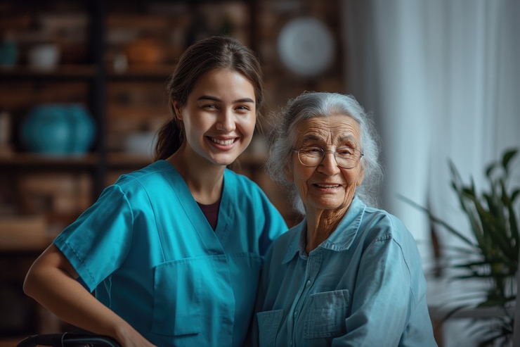 Professional home healthcare nurse providing compassionate care to elderly patient in comfortable home environment