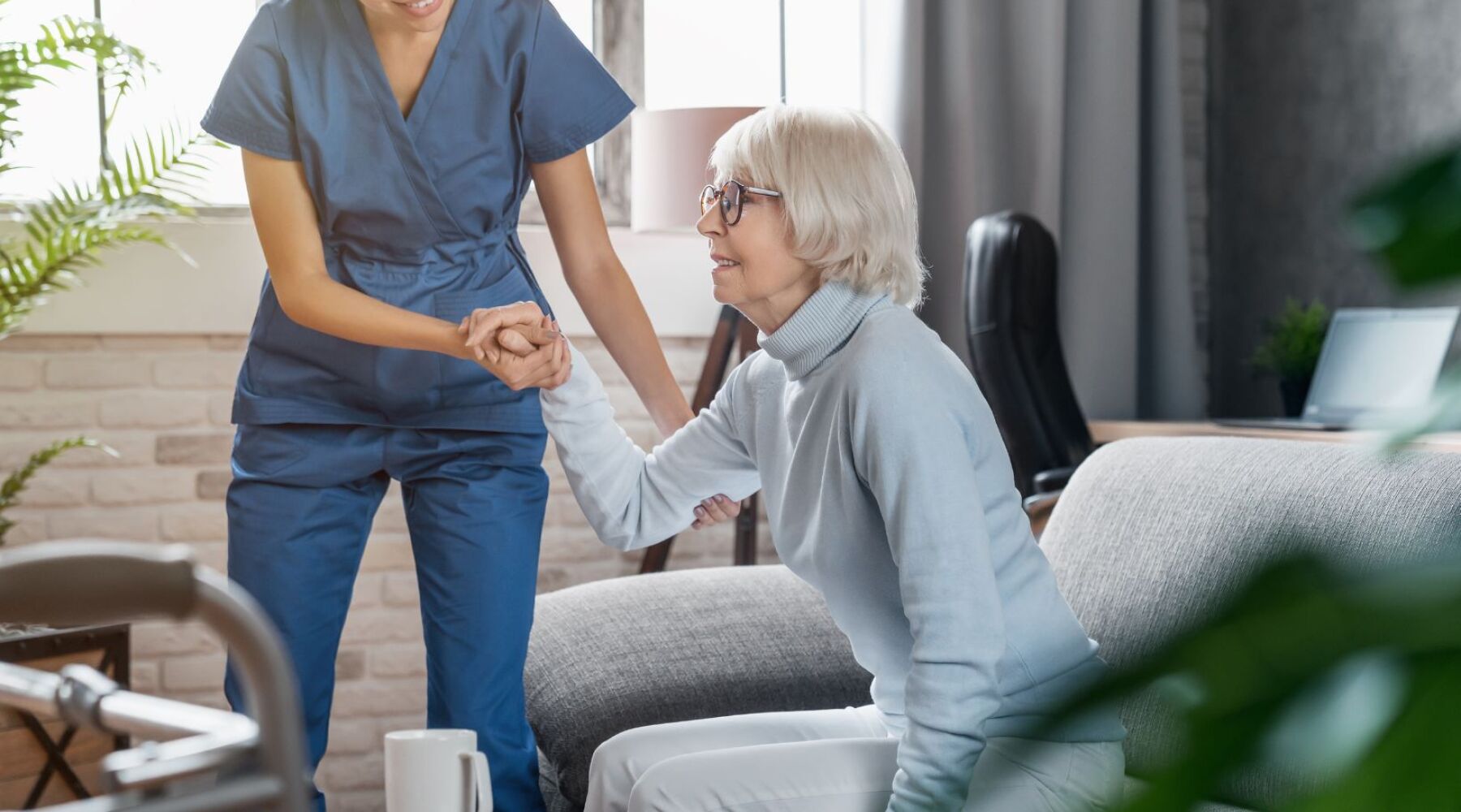 Realistic AI-generated image of home health aide helping elderly patient with household tasks and meal preparation