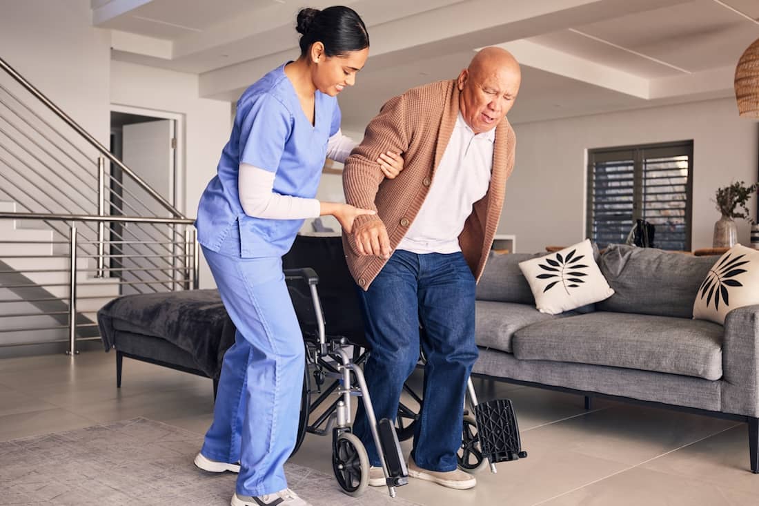 Realistic AI-generated image of qualified physical therapist demonstrating exercise techniques to elderly patient